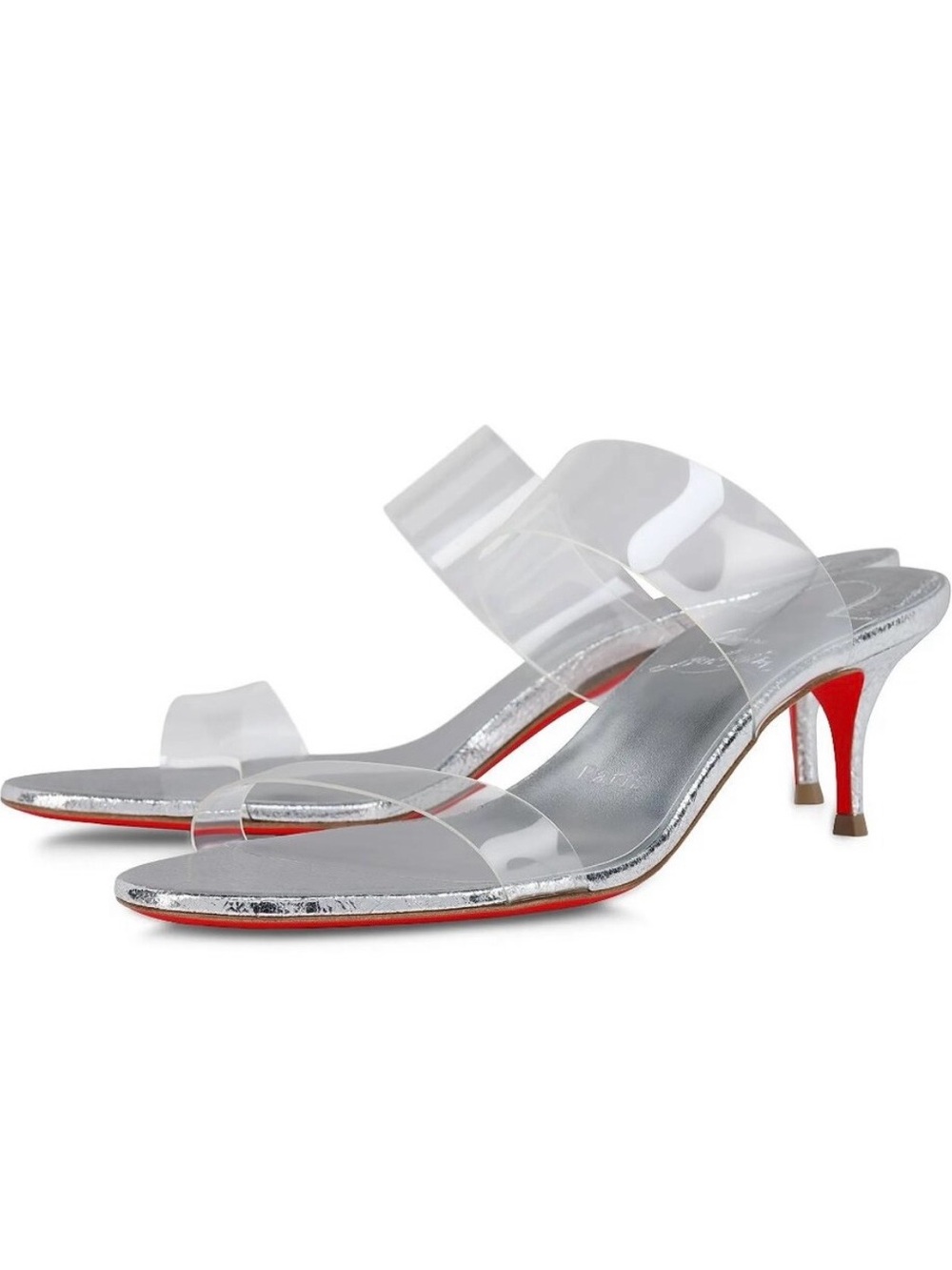 CHRISTIAN LOUBOUTIN JUST NOTHING CLEAR STRAP SILVER LEATHER HEEL SANDAL SZ 37.5